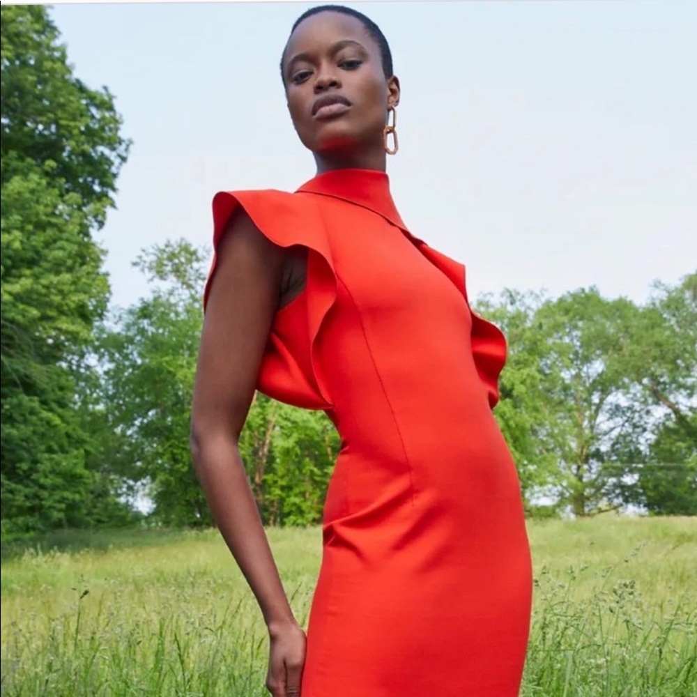Oscar de la Renta red shift dress with ruffle embellishment..